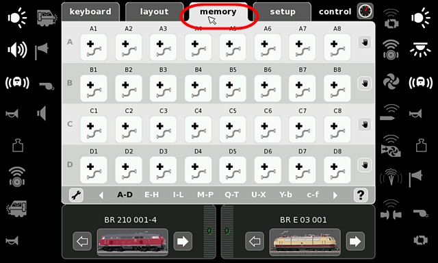 CS2の「memory」タブをタッチして、メモリー画面を表示させます
